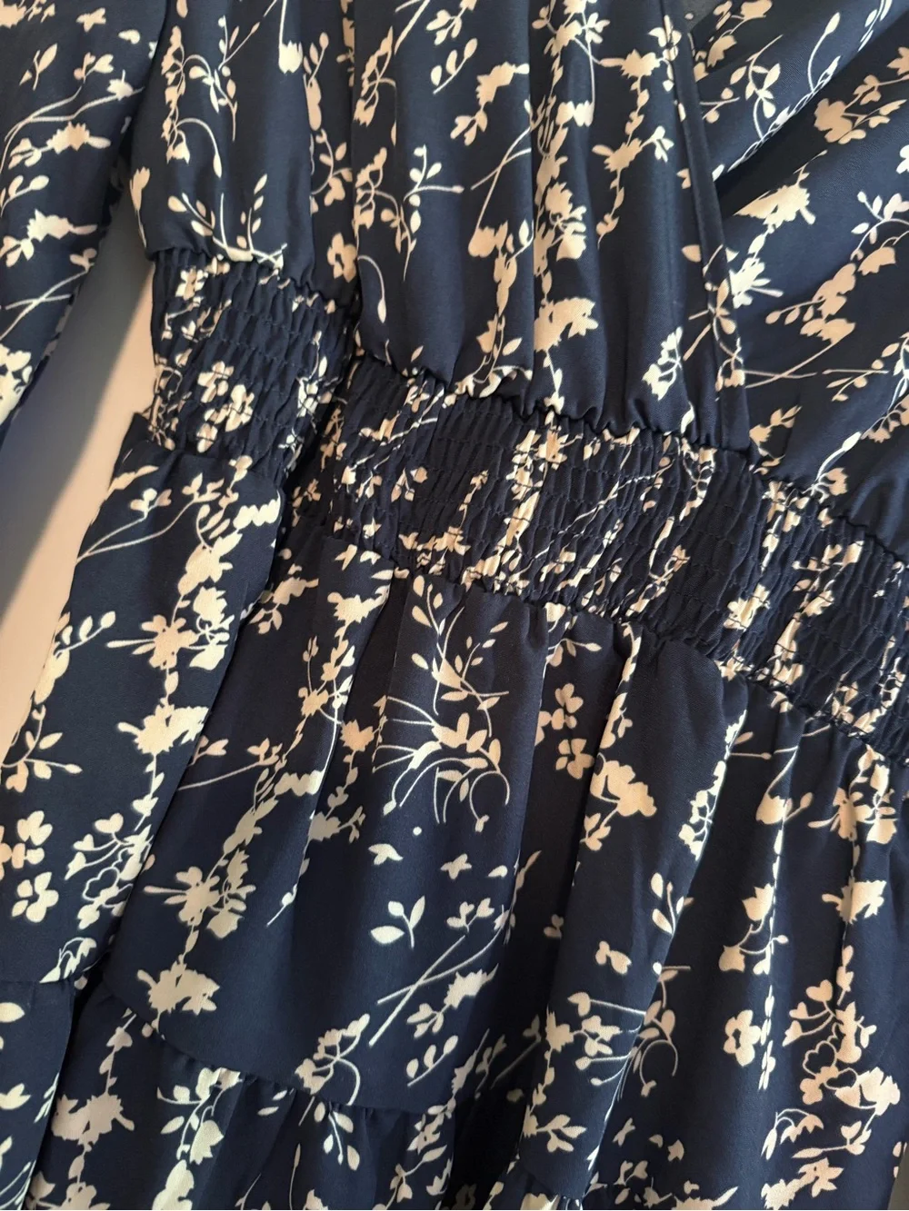 Navy Floral Long-Sleeve Elastic waist Dress